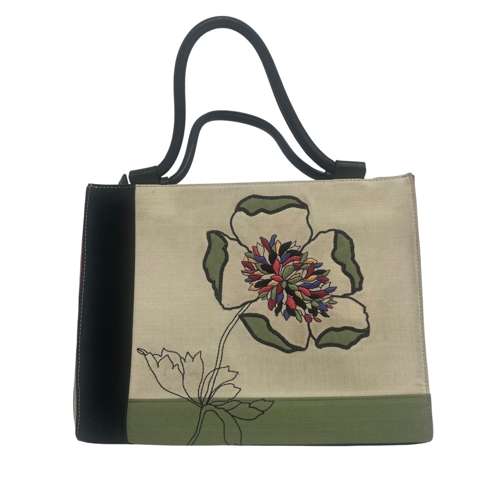 Talbots Cream Olive Green Embroidered Spring Floral Canvas Faux Leather Handbag
